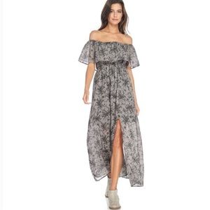 Amana Anthropologie grey floral slit off shoulder maxi dress